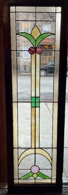 Large Antique Art Deco Stained Leaded Glass Oak Cabinet Door / Window