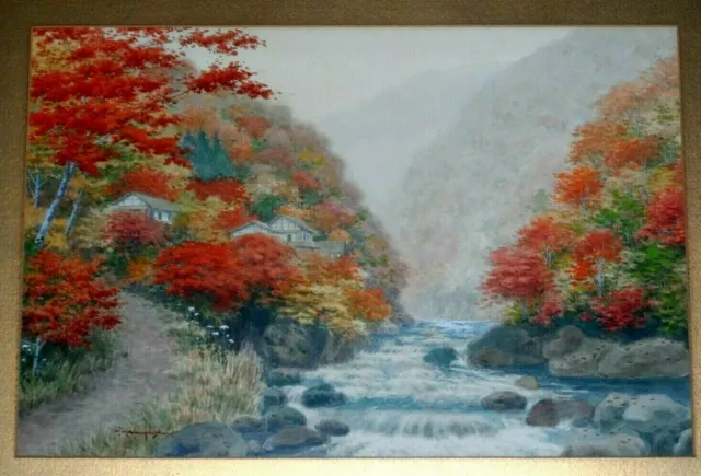 Flowers river bridge trees original landscape watercolor painting 5 x 7  signed