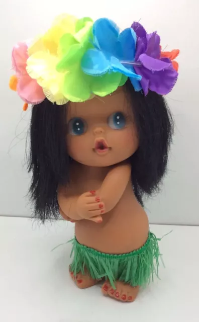 Vintage Vinyl Plastic Hawaiian Hula Girl Doll Grass Skirt  Hawaii 9.5” Tall