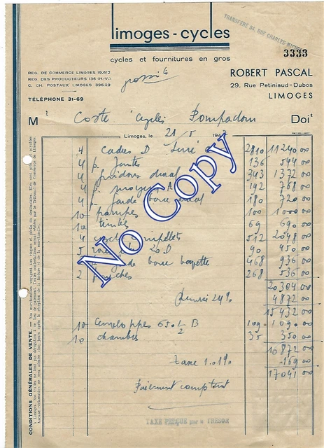 Facture Ancienne 1957 – Cycles Lyon – Vélo – Haute-Savoie – 7 Pages (Occasion)