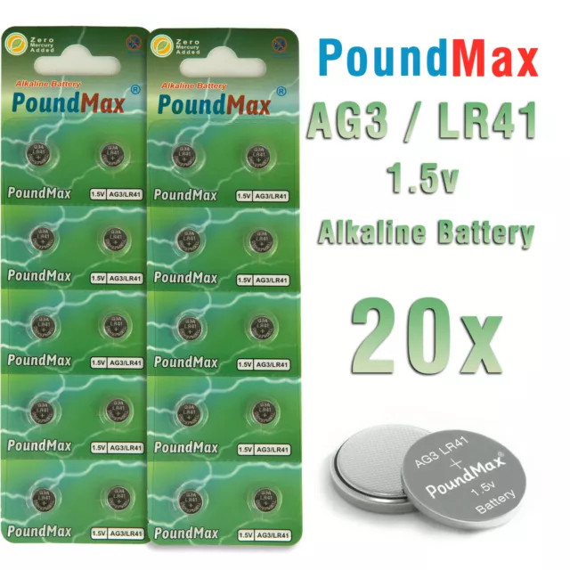20x PoundMax AG3 Knopfzelle Knopfbatterie LR41 SR41 392 G3 SR41W GP92A MHD 2025