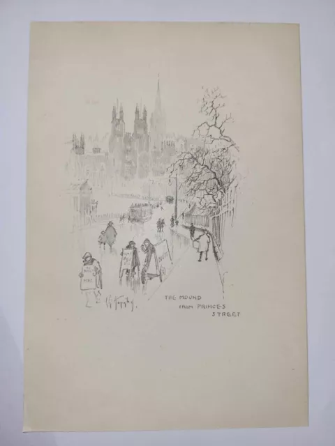 Antique Pencil Drawing Print 1926 Edinburgh Sketch The Mound from Princes Street