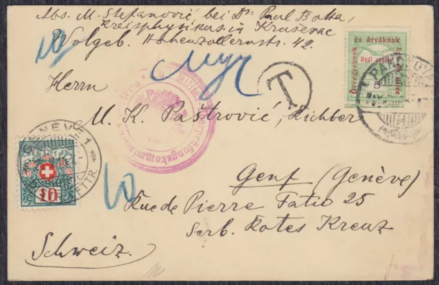 WWI Austria-Hungary 1916 Card sent Pancevo - Geneva, cargo and franked with 10Rp