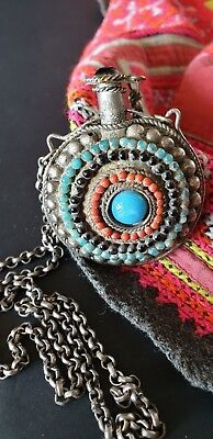 Old Tibetan Incense / Snuff Bottle on Silver Chain with Turquoise and Red Stones 3