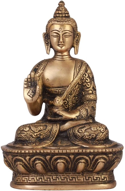Blessing Buddha Idol Hand Crafted Statue Antique Brass Sculpture- 7 Inch Tall
