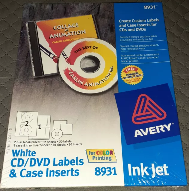 Avery Ink Jet White CD/DVD Labels & Case Inserts #8931 New in Package