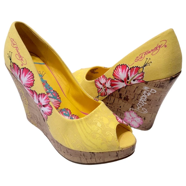 Ed Hardy CORALIE Wedge Heel Yellow Pink Hibiscus Flower Peep Toe Platform Size 7