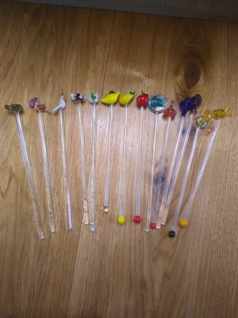 Vintage Set of 14 Hand Blown Turtle Parrot Candy Glass Long Swizzle Stir Sticks