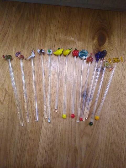 Vintage Set of 14 Hand Blown Turtle Parrot Candy Glass Long Swizzle Stir Sticks Vintage Set of 14 Hand Blown Turtle Parrot Candy Glass Long Swizzle Stir Sticks