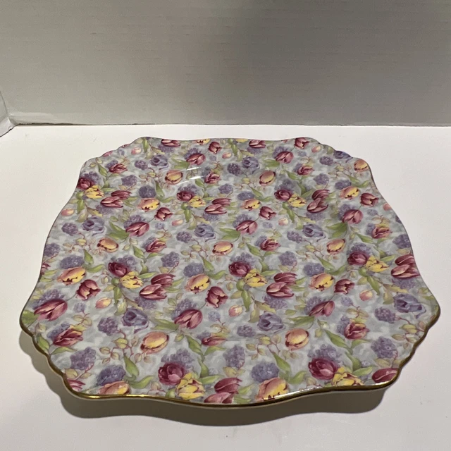 Vintage Royal Winton Grimwades Stratford  1995 Chintz Square Plate 8.75” Tulips 8