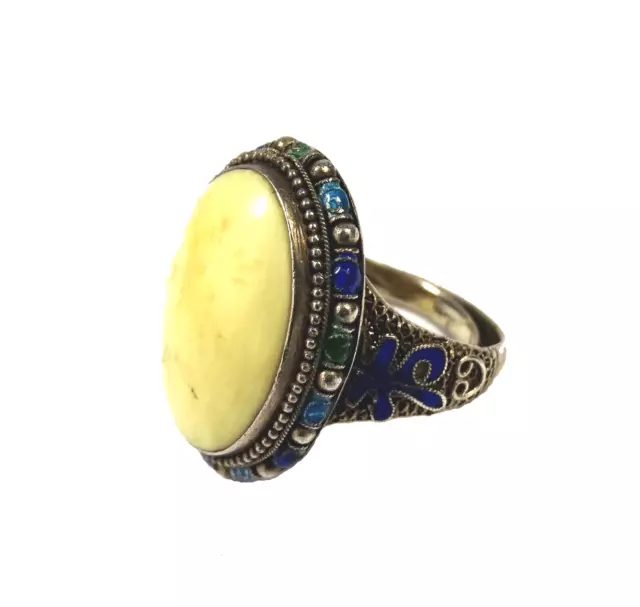 Antik Silber Bernstein Emaille Amber Silver Gilt Enamel Ring China Export 1920 3