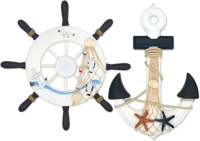2 Pack 13” Nautical Decor Beach Wooden Ship Steering Wheel and Wood Anchor