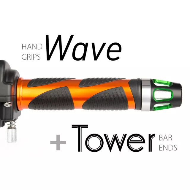 KiWAV Motorcycle Wave Grips Orange with Tower Bar Ends Green/Silver