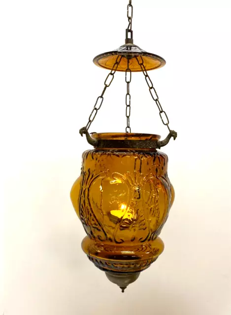 Vintage Original Large Hanging Stained Glass Light Lantern BOHO~Amber