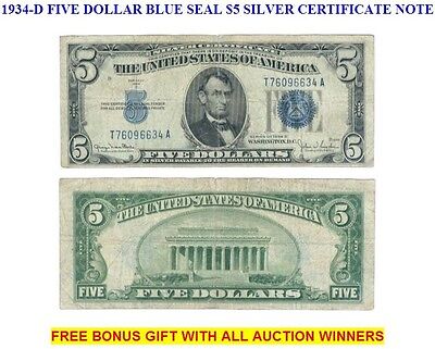 1934-D Five Dollar Blue Seal $5 Silver Certificate Note