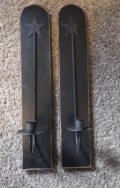 Country Star Wall Mounted Wood Candle Stick Holders, Black - Pair of Two
