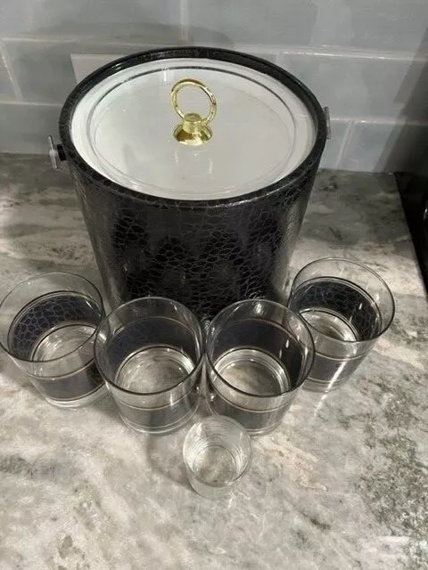 MCM Monterey Collection Custom Deco  6 Pc Entertainment Set Ice Bucket 4 Glasses