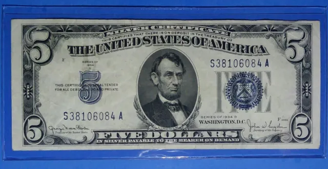 *1934-D ! $5 Silver Certificate! Vf. Circ. ! Old Us !  Nice !
