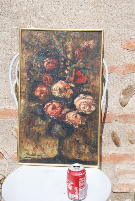 Tableau Huile Vintage “Fleurs Rose” Van Dors – Peinture Sur Toile, Signé, Style Art Déco !