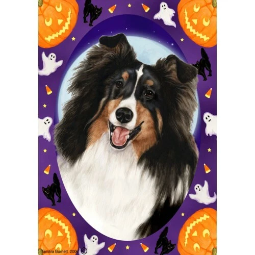 Halloween Garden Flag - Tri Shetland Sheepdog Sheltie 120821