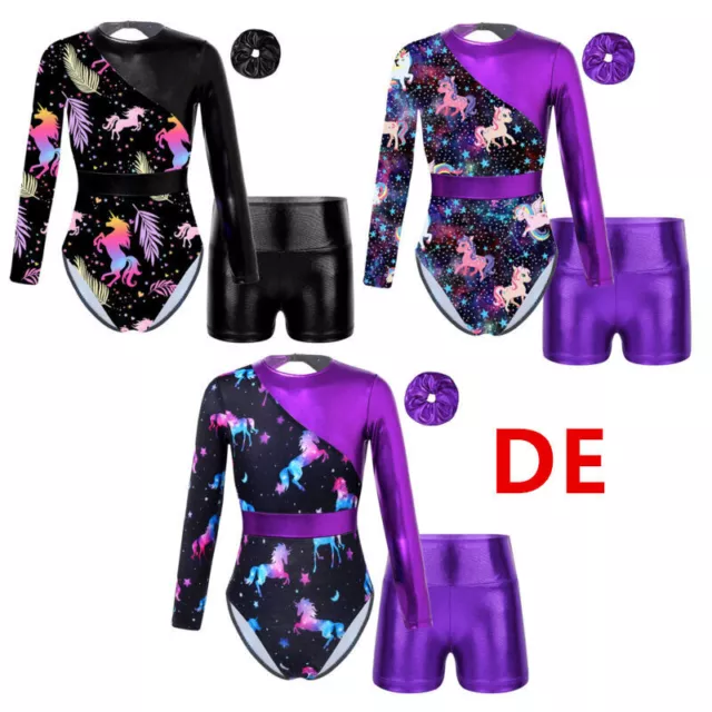 DE Mädchen Outfits Workout Gymnastikanzug Kinder Turnanzug Druck Patchwork Set