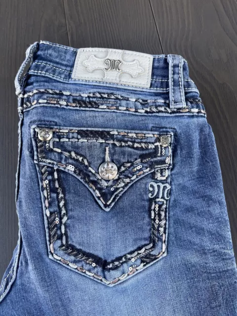 Miss Me Jeans Low Rise Bootcut 27 Blue Premium Embellished Stretch Denim *Read*