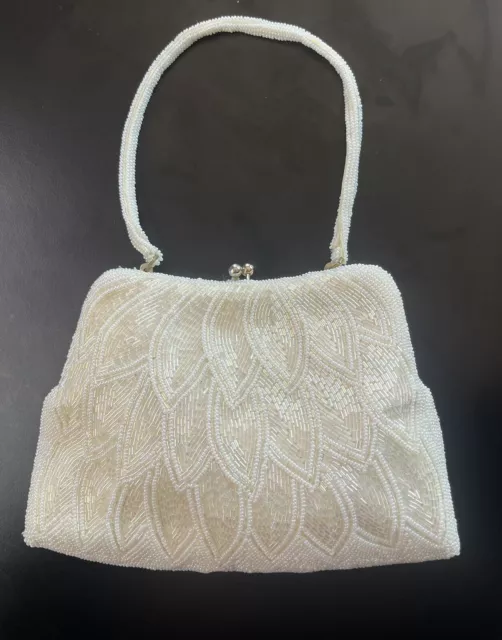 Vintage Fully Beaded White Purse Evening Bag