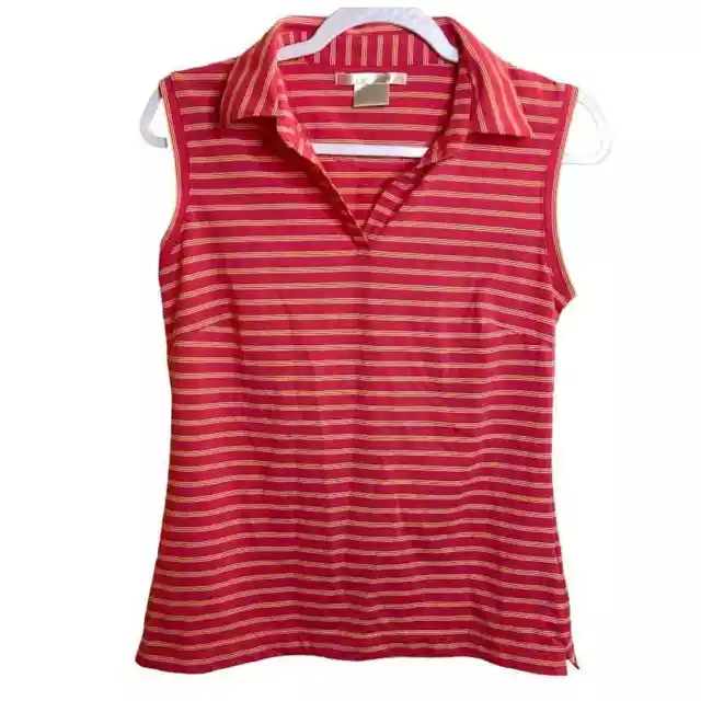 Nike Golf Polo Shirt Women Medium Pink Striped Dri Fit Sleeveless Tank Top