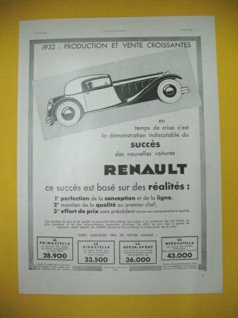 Publicite De Presse Renault Automobile Production Et Vente Croissantes 1932