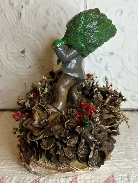 Vintage Ceramic Girl Puppy Boy Carrying Tree Christmas Figurine Birch Pine Comes 10