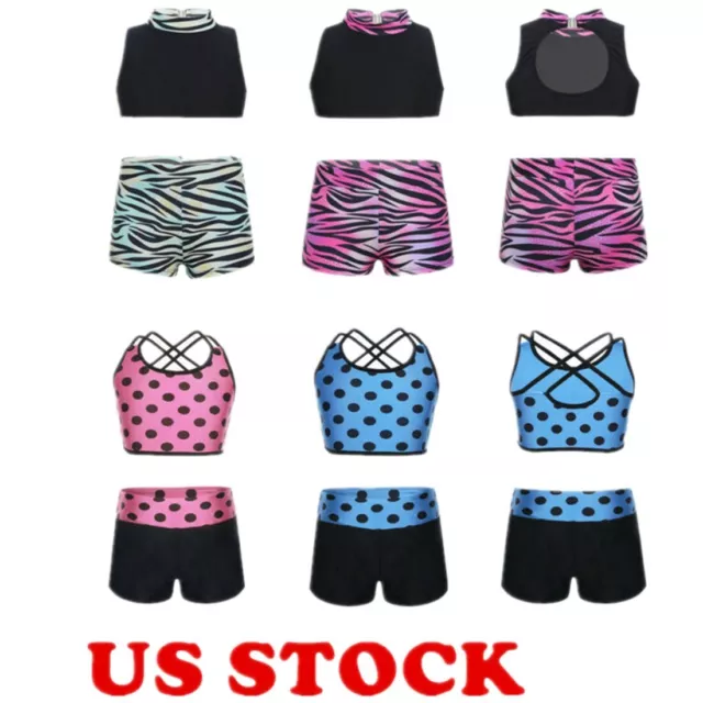 US Girls 2-Piece Dance Costume Gymnastics Sports Crop Top + Shorts Set Dancewear