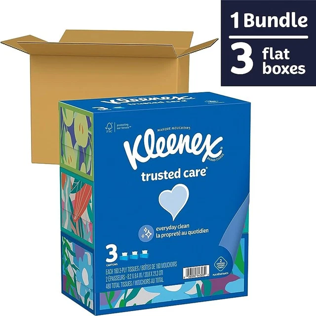 KLEENEX TRUSTED CARE Facial Tissue, 3 Flat Box, 160 Tissues/Box, 2Ply