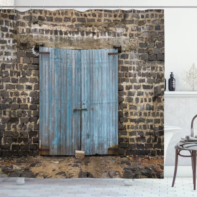 Stone Wall of Old Barn with Rustic Tin Door European Town Shower Curtain Set