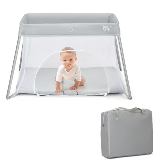 Foldable Baby Playpen Playard Lightweight Crib w/ Carry Bag For Infant Gray