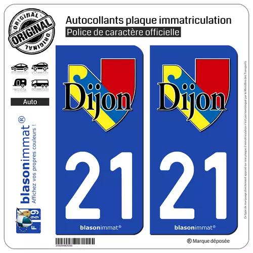 2 Stickers autocollant plaque immatriculation auto : 21 Dijon - Ville II