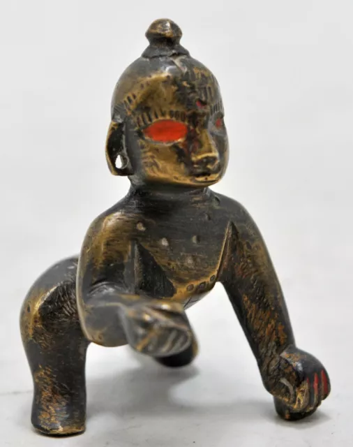 Latón Antiguo Bebé Dios Krishna Idol Figura Estatua Original Fino con Grabado