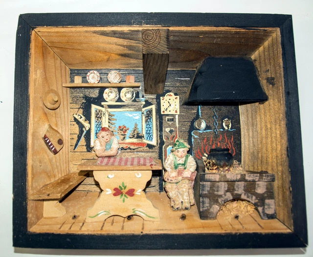 VINTAGE GERMAN FOLK Art 3D Kitchen Diorama Wooden Shadow Box Bavarian