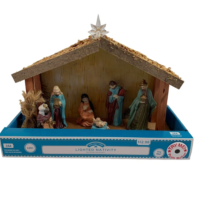 HOLIDAY TIME LIGHTED Nativity Scene in Creche Mary Joseph Jesus Wise