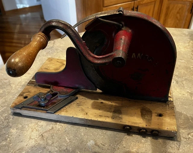 Antique Red Alexandra Hand Crank Meat Slicer Wooden Folding Base Antique Red Alexandra Hand Crank Meat Slicer Wooden Folding Base
