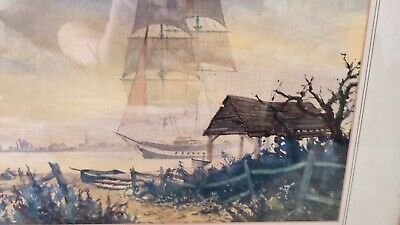 Midcentury watercolour painting Clipper Ship at dawn Original Art Work maritime 3