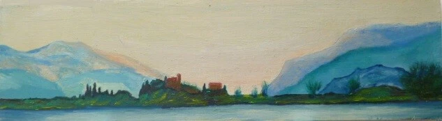 Dipinto Olio Su Tavola - Insediamento Case In Riva A Lago, Sfondo Montagne.
