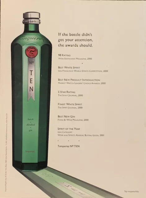 PRINT AD 2001 Tanqueray No Ten # 10 Batch Gin Awards List - Sip Responsibly