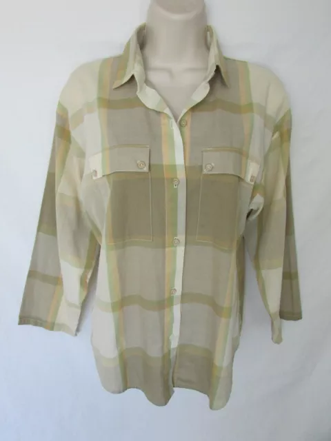 KORET WOMANS 10 green brown tan plaid button 3/4 sleeve COLLAR SHIRT