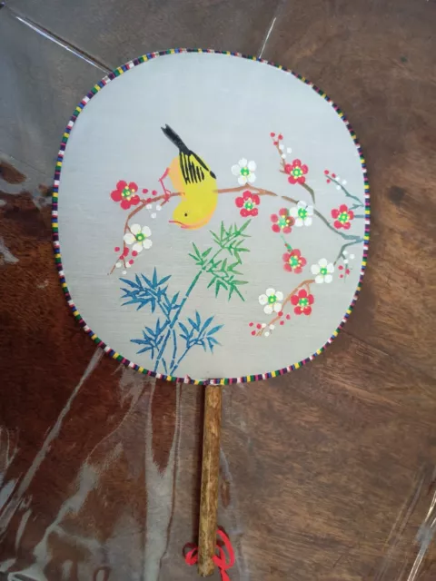 Vintage Chinese/Japanese Hand Painted Silk Bamboo Paddle Fan Screen