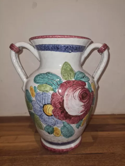 Vintage Large Italian Two Handled Urn Vase Sgraffito - Handpainted Majolica