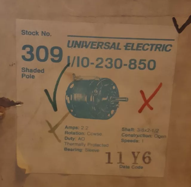 Universal Electric 309 Blower Motor, 1/10 HP, Split-Phase, 850 RPM, 230V