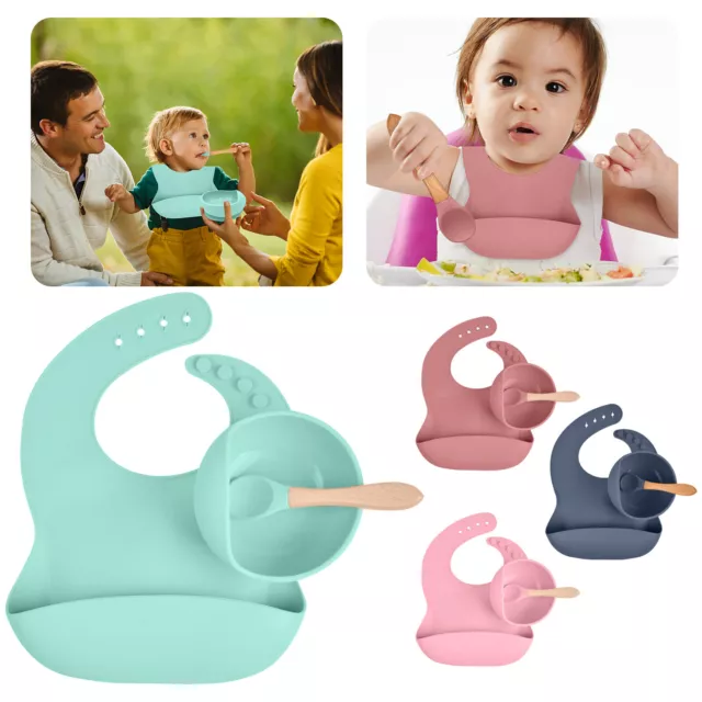 Children's Cutlery Baby Feeding Set Suction Bowl Silicone Bib Wooden Spoon