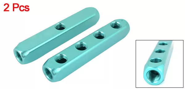 A● Teal Aluminum 4 Out 1 In Ports Cuboid Shape Air Inline Manifold Block 3