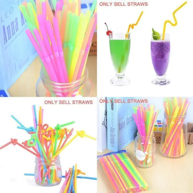 100 Neon Straws Flexible Bendy Birthday Party Plastics Straws AU 2023 R8K5