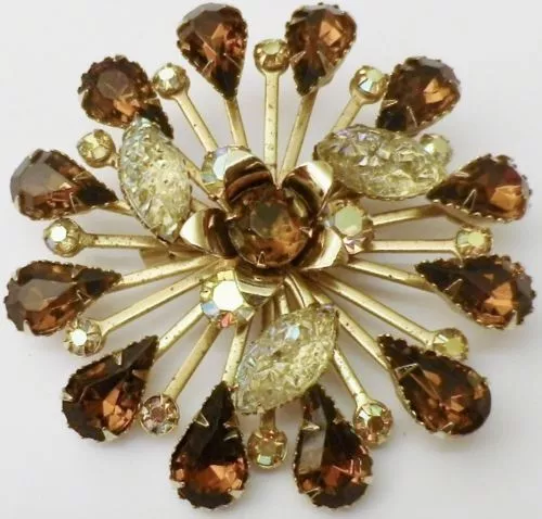 broche bijou vintage couleur or cristaux poire et navette boréalis * 3684